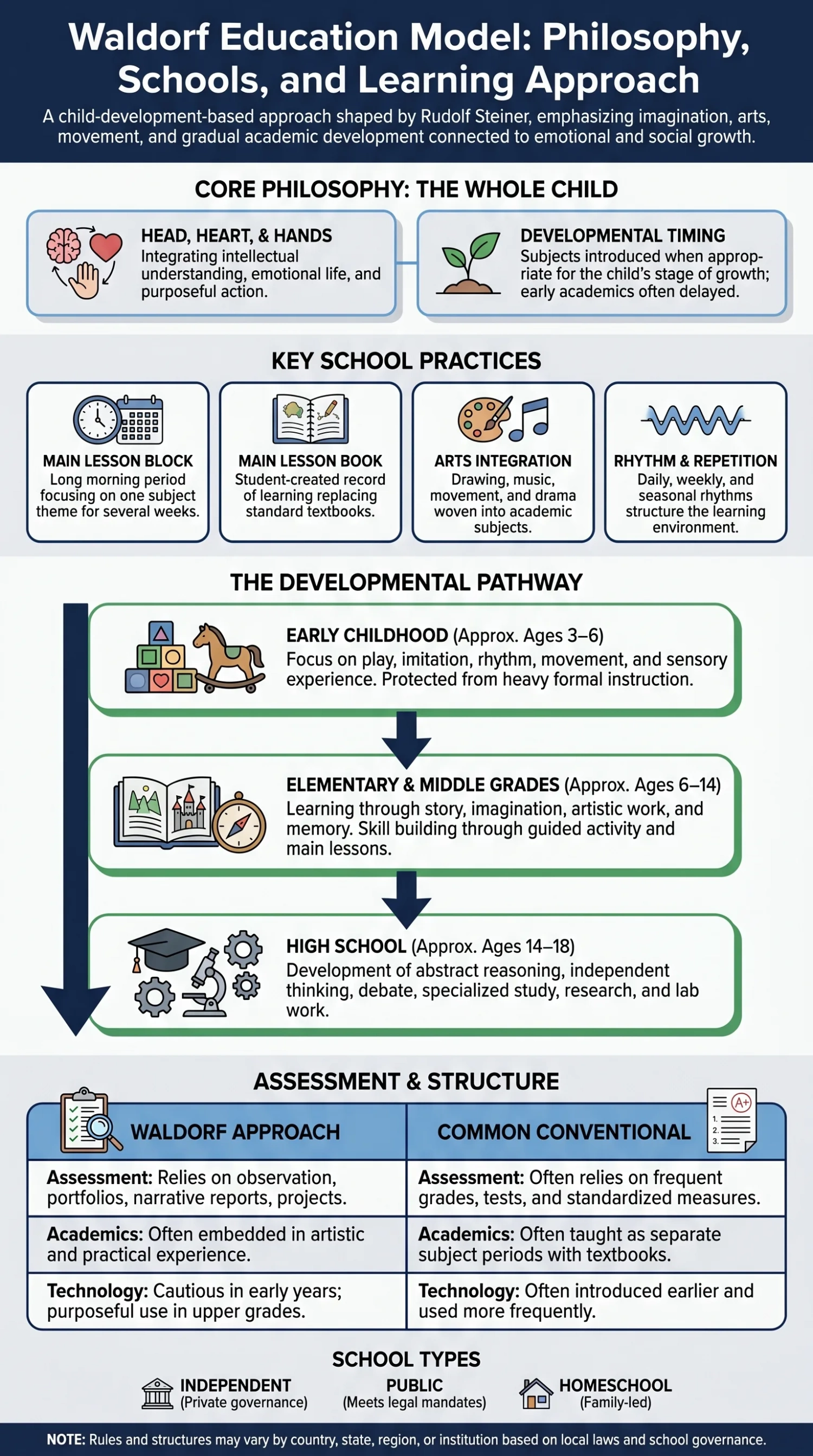 A detailed diagram illustrating the Waldorf education model's philosophy, school structure, and learning approach for holistic student development.